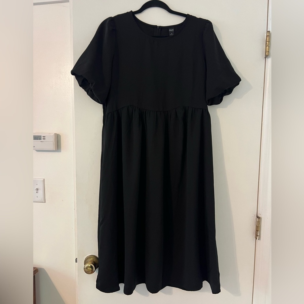 DAZY brand Elegant Black Dress 100% linen size L short sleeves (AA112)